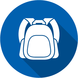 Icon of a backpack, white on a blue circle