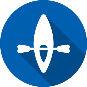 An Icon of a Kayak, white on a blue circle