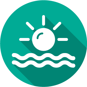 Icon of sun over waves, white on green circle