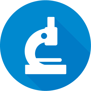 Icon of a microscope, white on a blue circle
