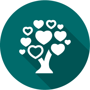 Icon of a tree with hearts for leaves, white on a green circle