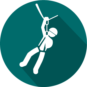 Icon of a person riding a zipline, white on green circle