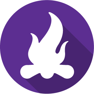 An icon of a campfire, white on a purple circle