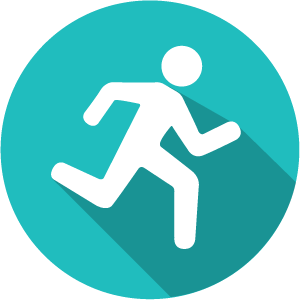 An icon of a stick figure running on a green circle