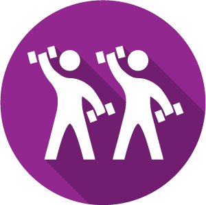 An icon of two stick figures lifting weights on a purple circle