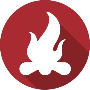 An Icon of a campfire in white on a red circle