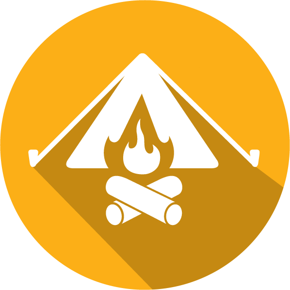 An icon of a tent and campfire, white on an orange circle