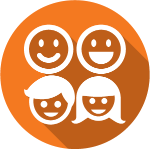 An Icon of a family white on an orange circle.