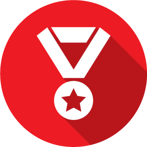 An icon of a medal, white on a red circle