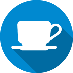 Icon of a coffee cup, white on a blue circle