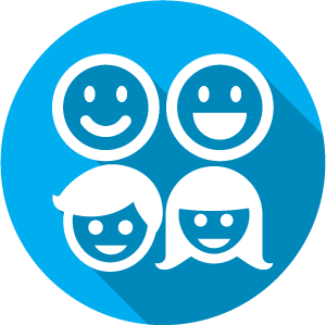Icon of four smiley faces, white on a blue circle