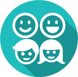 An Icon of four smiling faces in white, on a green circle