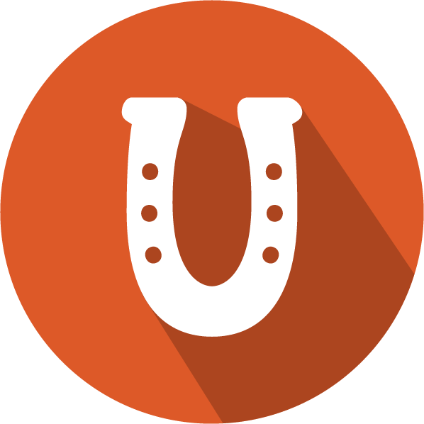 An icon of a horseshoe, white on a orange circle