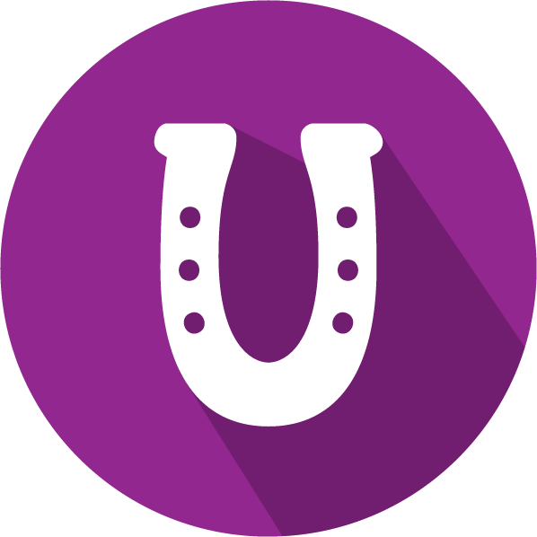 An Icon of a horseshoe, white on a purple circle