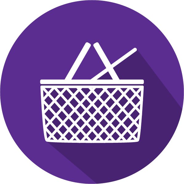 An icon of a picnic basket, white on a purple circle