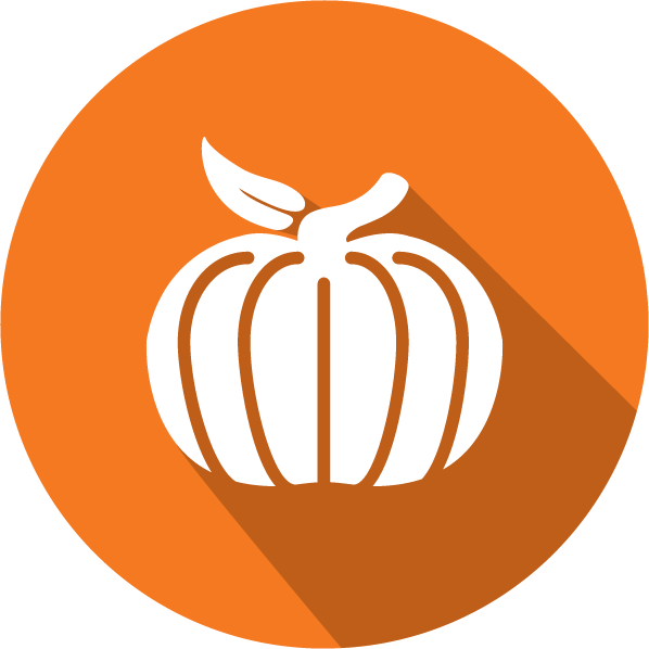 An icon of a pumpkin, white on an orange circle
