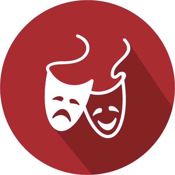 An icon of drama masks, white on a red circle