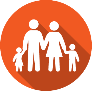 An Icon of a family, white on a red circle