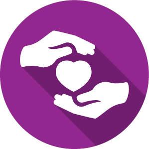 An icon of two hands holding a heart, white on a purple circle