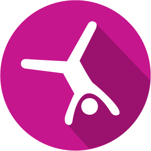 An icon of a person doing a cartwheel, white on a purple circle