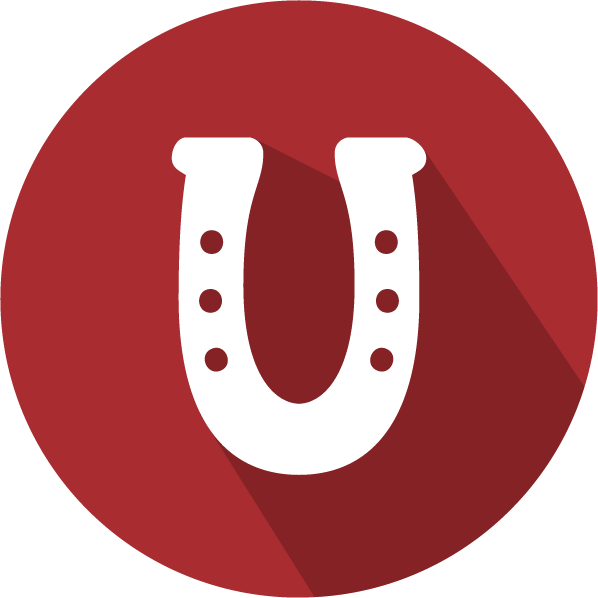 An icon of a horseshoe, white on a red circle