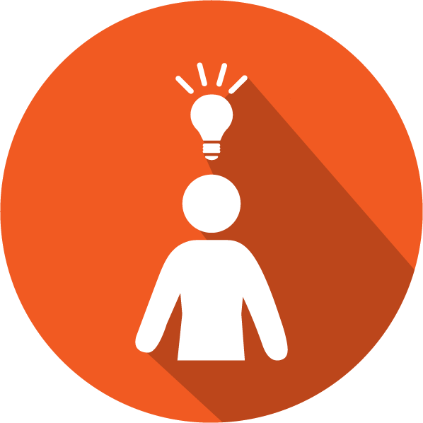 An icon of a person with a light bulb idea, white on a red circle