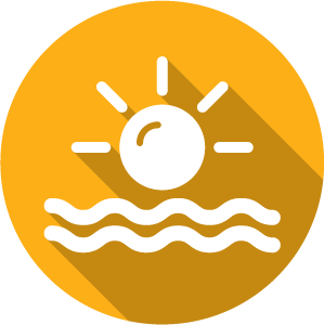 An icon of sun shining on water white on a orange circle