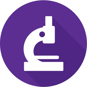 An icon of a microscope, white on a purple circle.