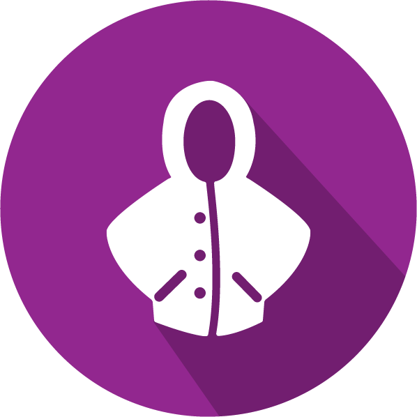 An icon of a winter jacket, white on a purple circle