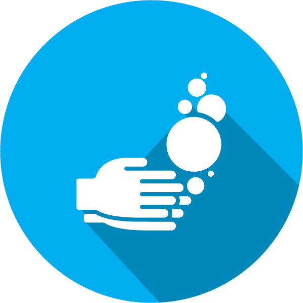 An Icon of handwashing, white on a blue circle