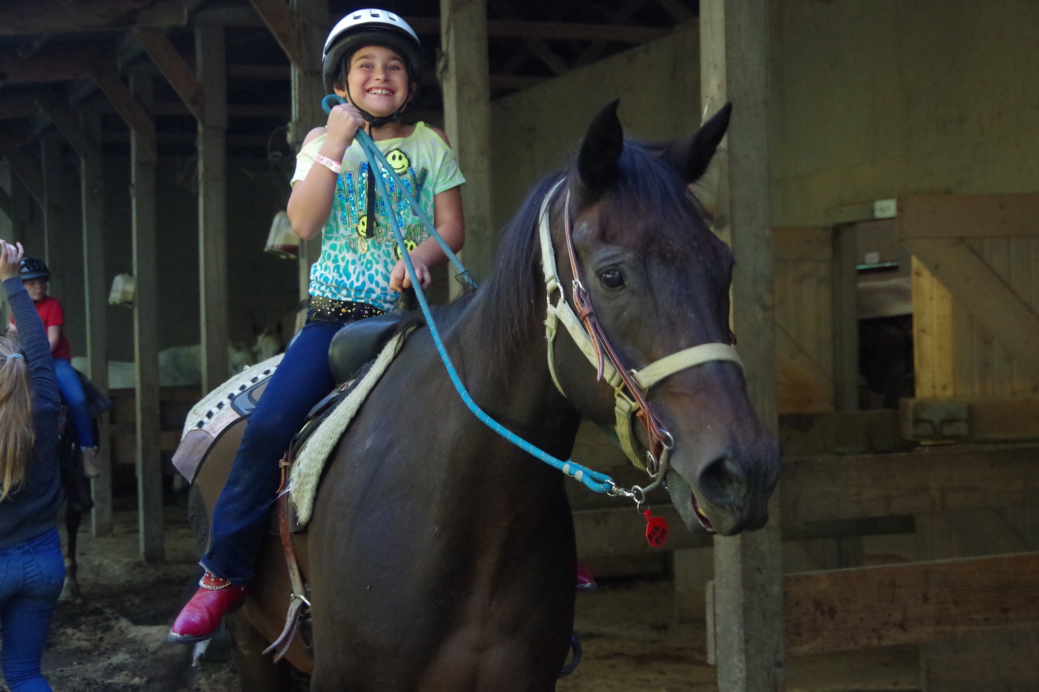 A camper rides a brown horse
